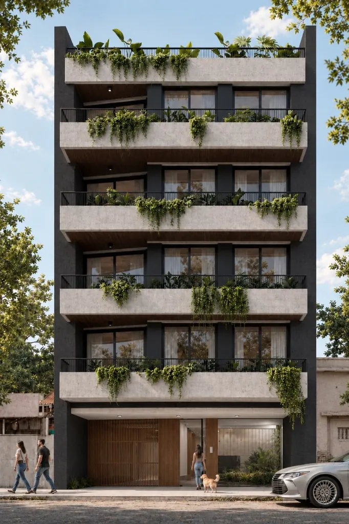 Render de la fachada de Ceibo Vidal: edificio de planta baja y cuatro pisos con balcones corridos y vegetación colgante en cada nivel
