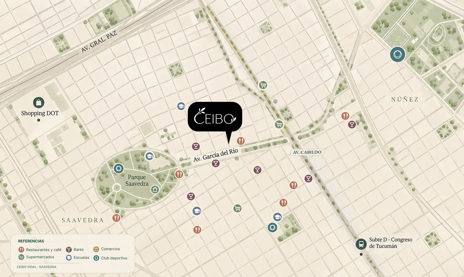 Mapa ilustrado de Saavedra con la ubicación de Ceibo Vidal sobre Vidal, cerca del Boulevard García del Río, el Parque Saavedra, Av. Cabildo, el Shopping DOT y la estación Congreso de Tucumán del Subte D