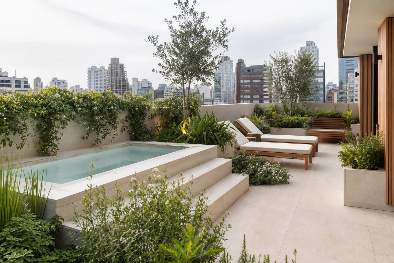 Terraza con jacuzzi, canteros con vegetación densa, árboles y reposeras, con la ciudad de fondo