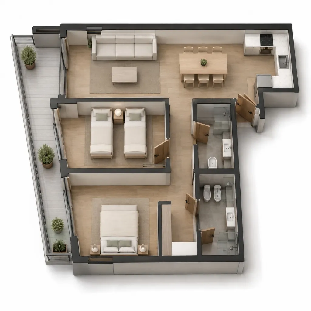 Render en planta del tres ambientes amoblado, con dos dormitorios, dos baños, estar-comedor y balcón corrido con plantas