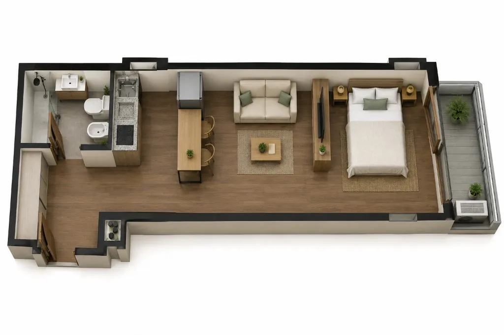 Render en planta del monoambiente amoblado, con cocina, estar, cama y balcón con plantas