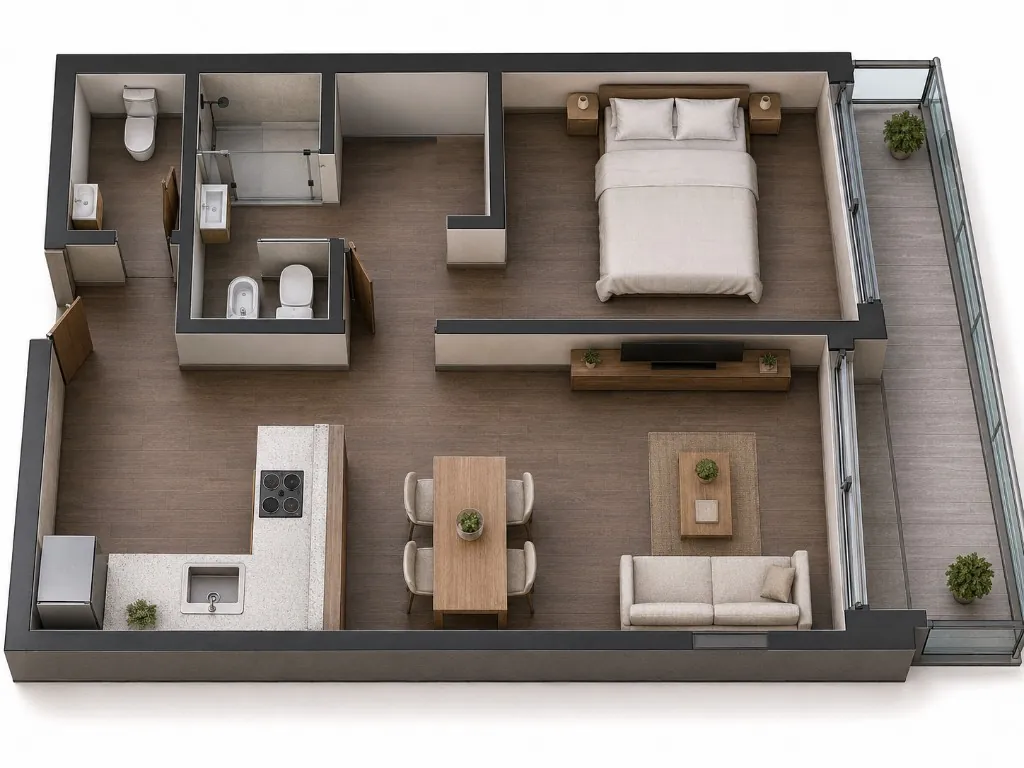 Render en planta del dos ambientes amoblado, con dormitorio, estar-comedor y balcón