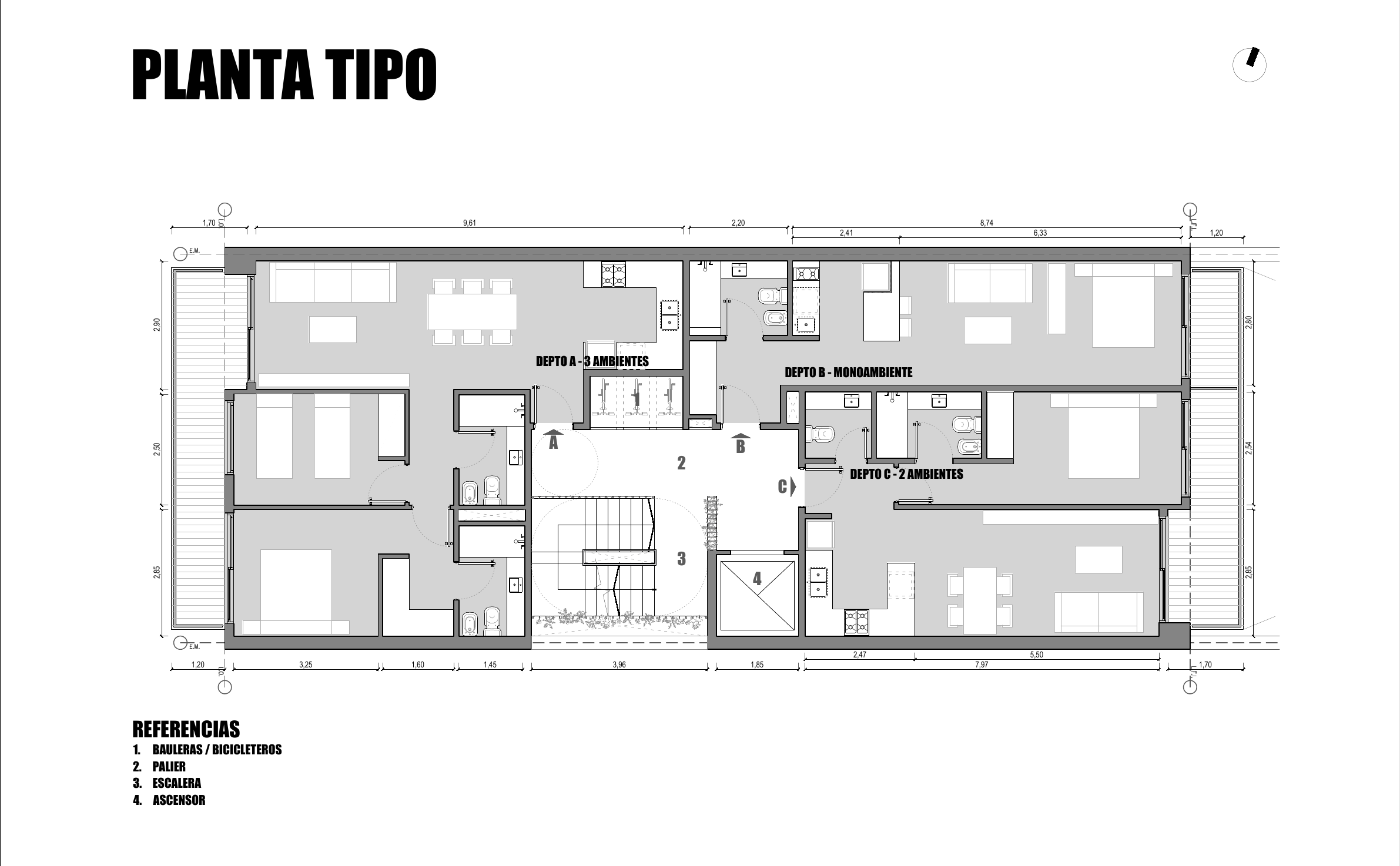 Planta tipo de Ceibo Vidal con los departamentos A de tres ambientes, B monoambiente y C de dos ambientes alrededor del núcleo de circulación