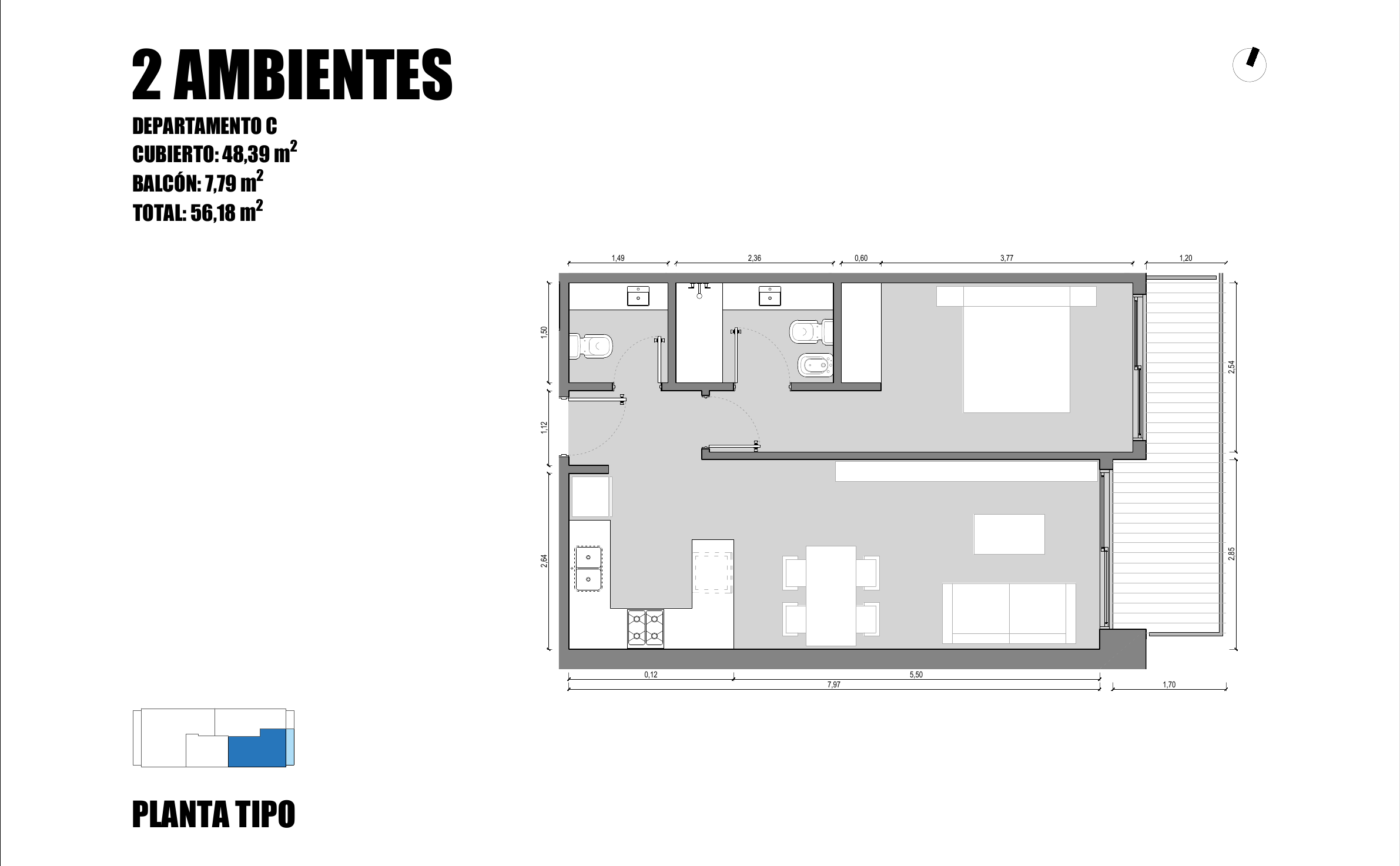 Plano del departamento C de dos ambientes, con dormitorio, baño, estar-comedor con cocina integrada y balcón