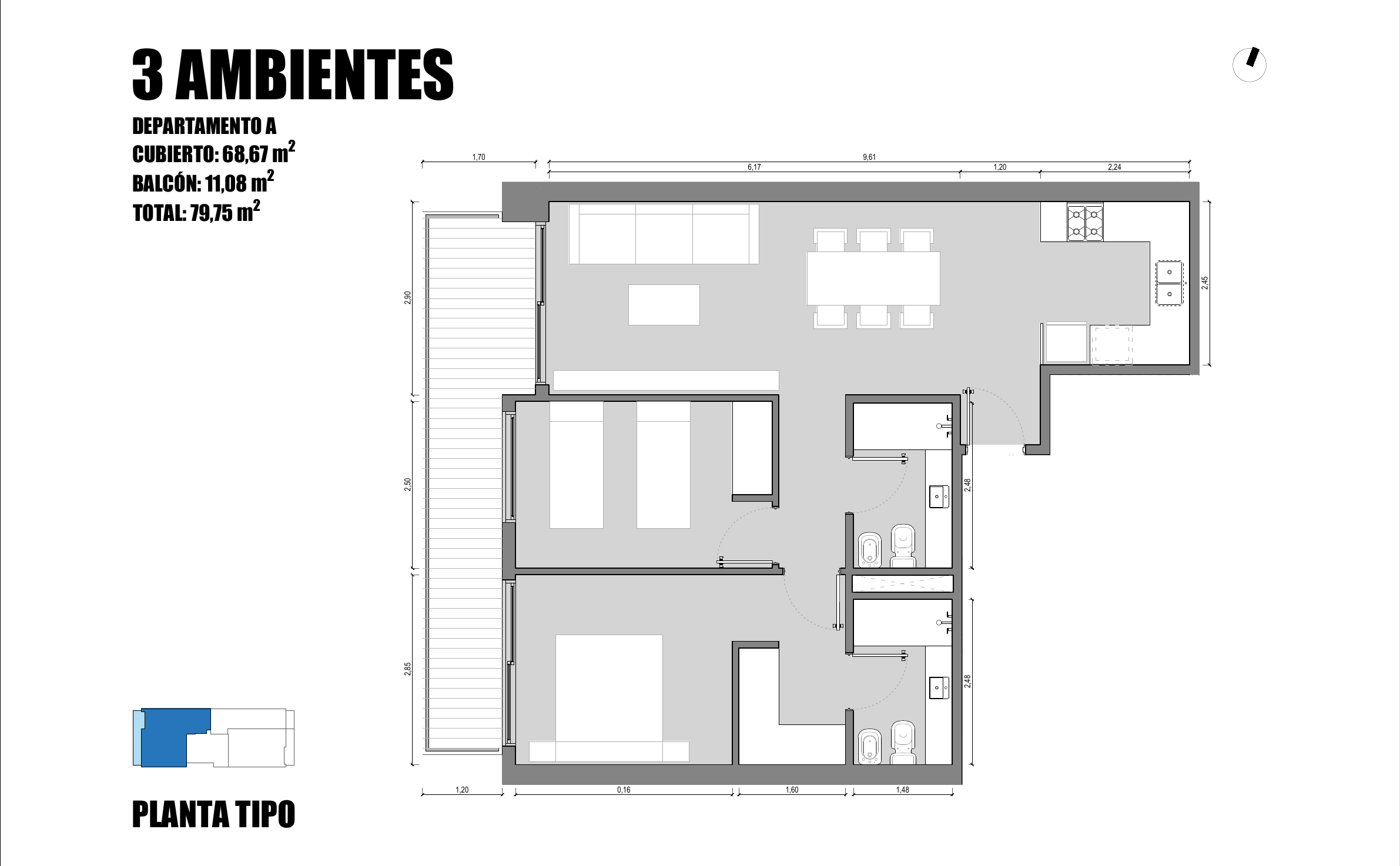 Plano del departamento A de tres ambientes, con dos dormitorios, dos baños, estar-comedor con cocina integrada y balcón corrido