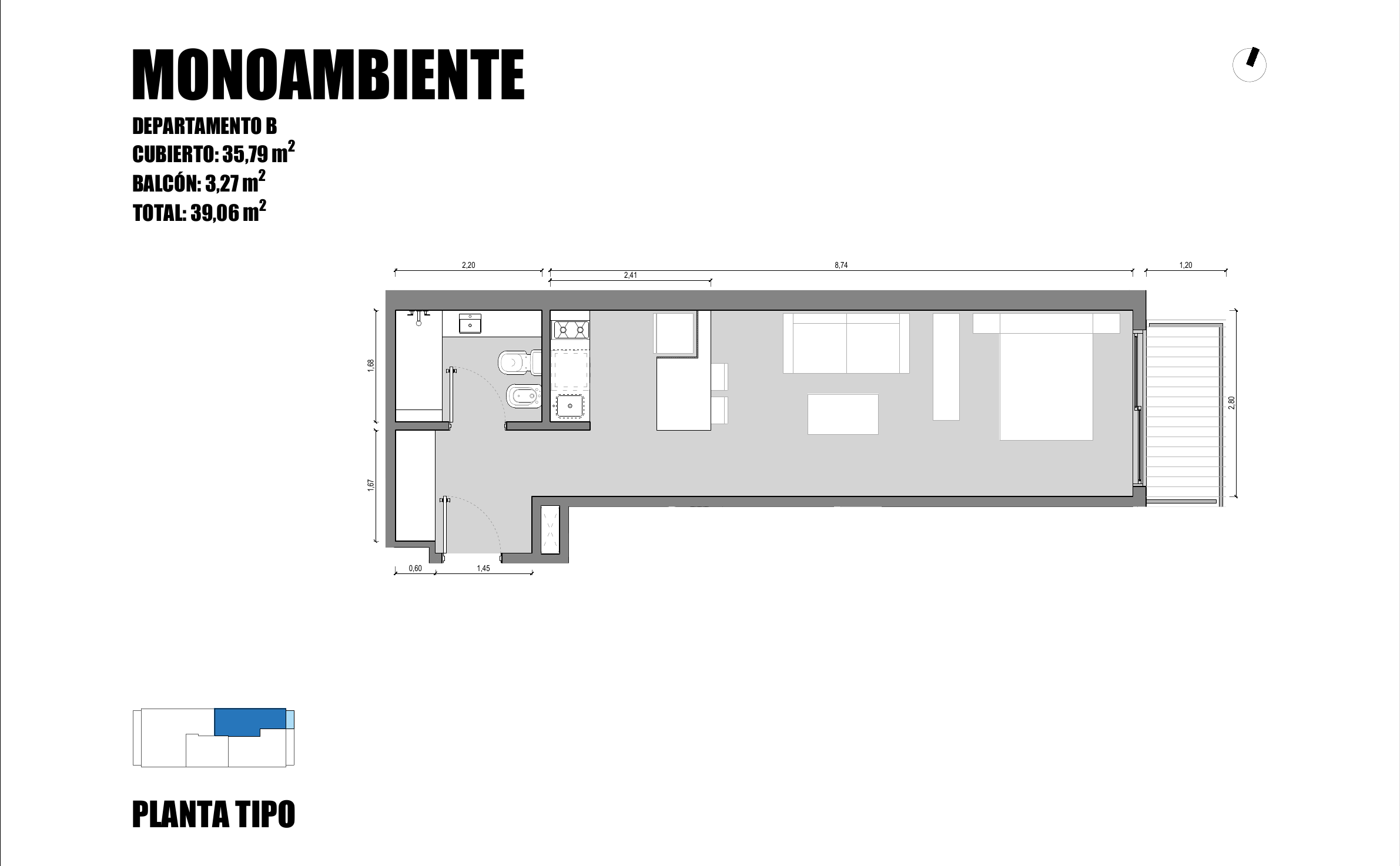 Plano del monoambiente, departamento B, con baño, cocina integrada, estar-dormitorio y balcón